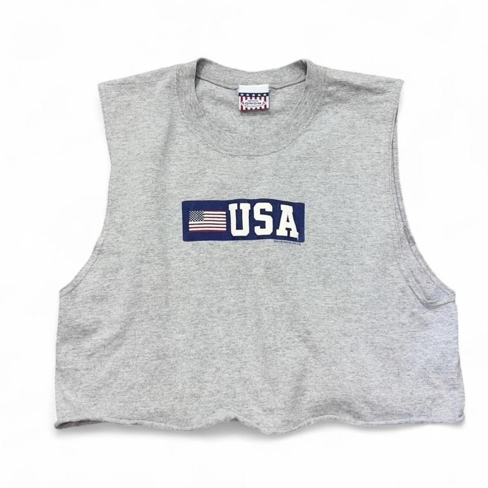 Vintage Women's "USA" Grey Tank Top Cut Off Cropped Shirt Fits M/L Retro 90's